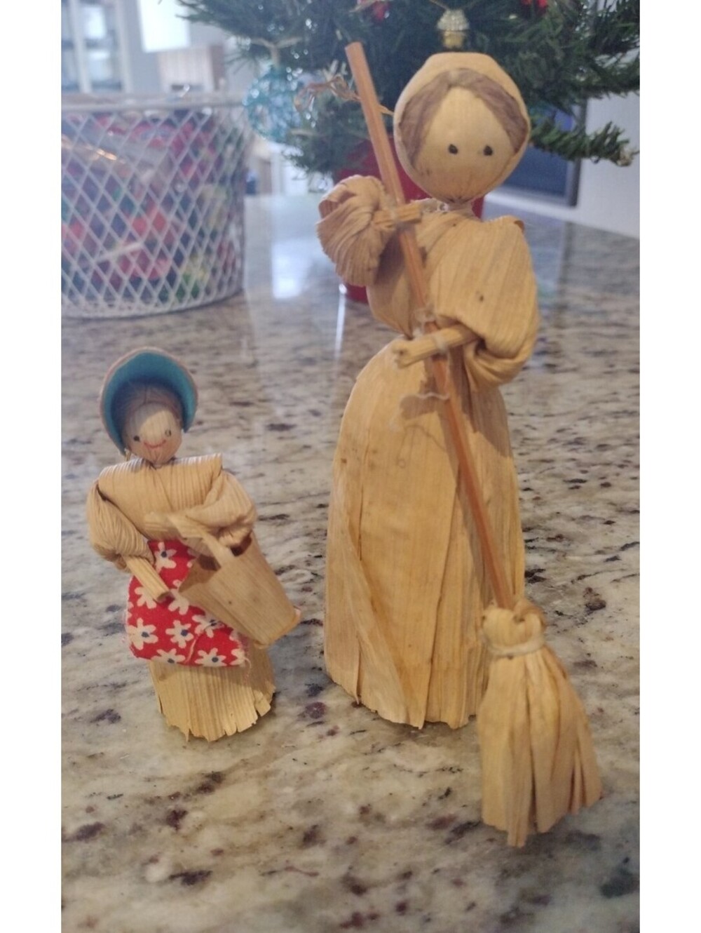 Vintage Corn Husk Christmas Ornaments Ladies Houseworking 3.5" & 5" EUC